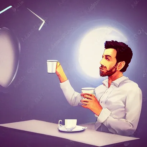 Image similar to startup CEO having a cup of tea. Handsome!!!!!!! sci-fi concept art photorealistic!!!!!