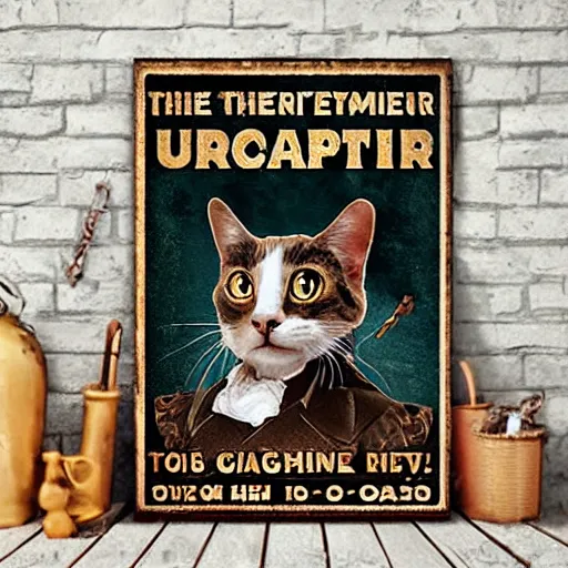 Image similar to steampunk cat, retro, movie poster