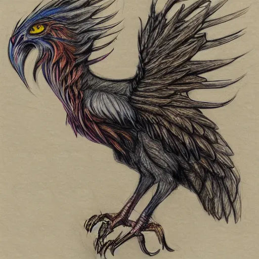 Prompt: a drawing of a gryphon with wings on its back, a color pencil sketch by yoshihiko wada, deviantart contest winner, fantasy art, steampunk, clockwork cross - section, concept art