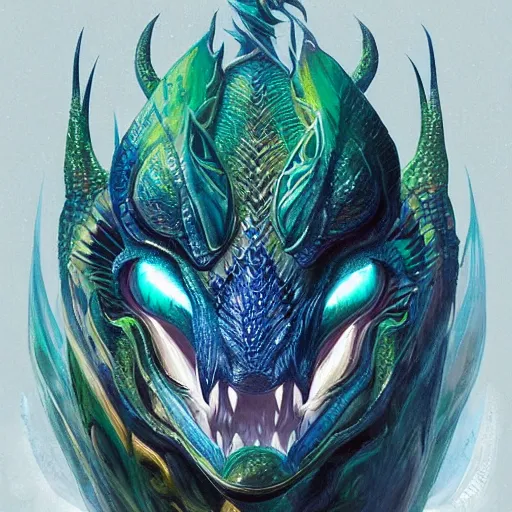 Prompt: symmetrical dragon head with scales, blue and green, highly detailed, digital painting, artstation, concept art, sharp focus, cinematic lighting, illustration, art by artgerm and greg rutkowski