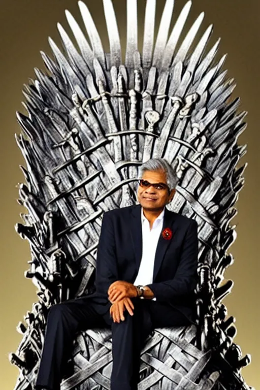 Prompt: Ranil Wickramasinghe sitting on the iron throne