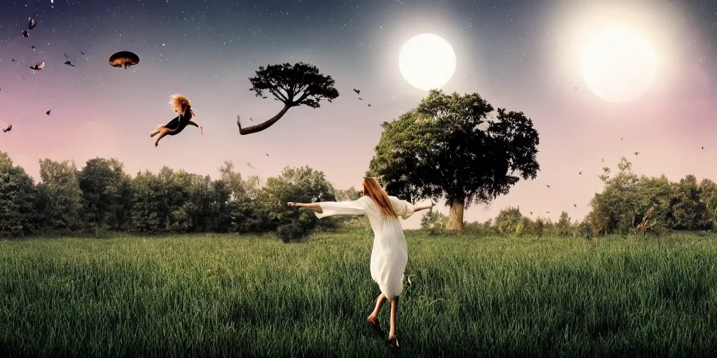 Image similar to pretty girl, wide open field, jumping, flying hair, mushrooms, vegetation, trees, moonlight, old farm
