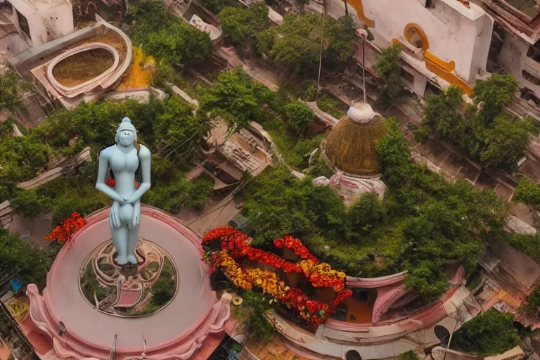 Image similar to beautiful dreamy! biomorphic new delhi, hanuman!! head building, kalighat flowers, octane sharp cinematic, stephen shore & john j. park, soft morning light, wide shot, aerial shot, uhd 8 k, shallow depth of field