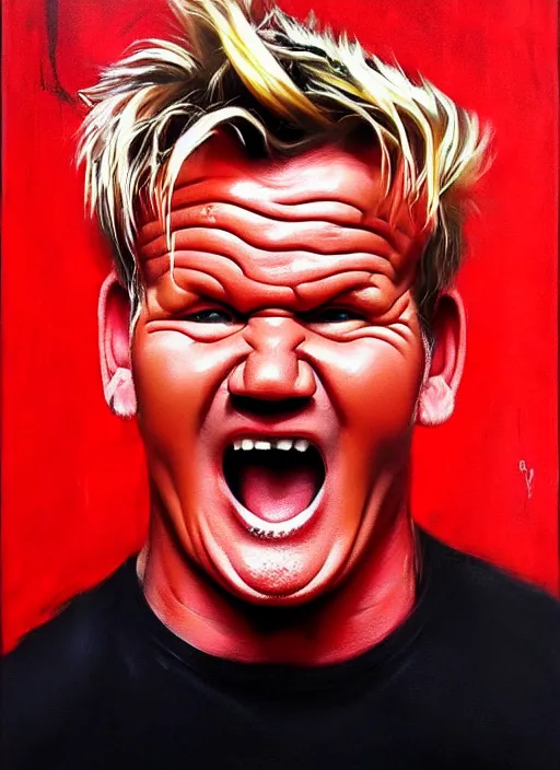 Prompt: gordon ramsay angry, screaming, red face, spit flying from mouth, stylistic painting by 'phil hale'!!!! high quality hd