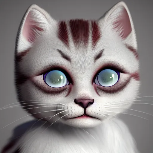 Prompt: white kitten big eyes a lot of fur cute highly detailed high - quality photo realistic 8 k octane render blender