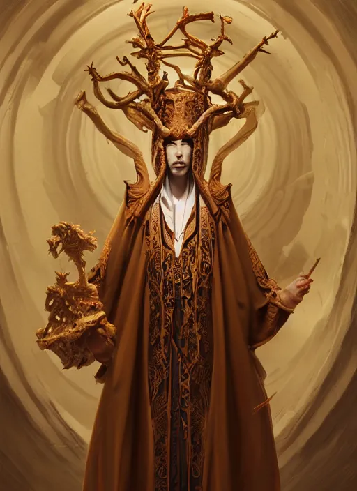 Image similar to slender high priest in a dark ornate robe, carved ivory headpiece, subsurface scattering, by jesper ejsing, justin gerard, tomasz alen kopera, cgsociety and fenghua zhong, highly detailed, rim light, cinematic lighting, illustration, art, octane render, very coherent, cinematic, high detail, octane render, 8 k