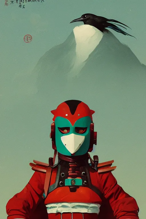 Image similar to female adventurer in tight full - body teal leather armor of japanese design with red accents and a white porcelain crow mask, trending in artstation, japanese, by simon stalenhag, establishing shot