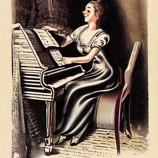 Image similar to vintage ship woman sitting in an piano, retro cartoon