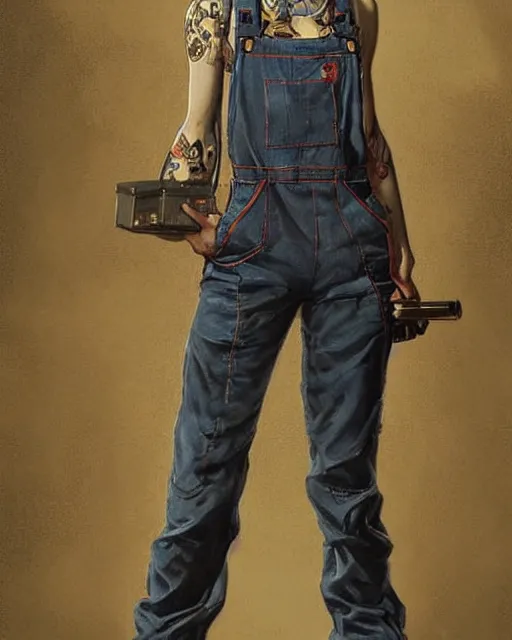 Image similar to a full body portrait beautiful androgynous punk girl with short hair and beautiful eyes, beautiful face, who is a mechanic wearing overalls with a utility bag, digital concept art, detailed digital painting, ornate decorative background, very aesthetic!!!!!!, by j. c. leyendecker and edward blair leighton and charlie bowater, trending on artstation