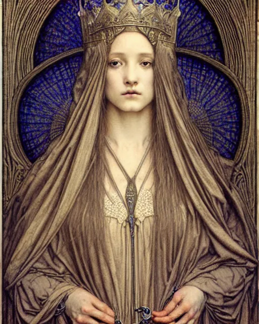 Image similar to detailed realistic beautiful young medieval queen face portrait by jean delville, gustave dore and marco mazzoni, art nouveau, symbolist, visionary, gothic, pre - raphaelite. horizontal symmetry