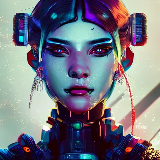 Image similar to a portrait of a cyberpunk geisha sorceress, warcore, sharp focus, detailed, artstation, concept art, 3 d + digital art, wlop style, biopunk, neon colors, futuristic