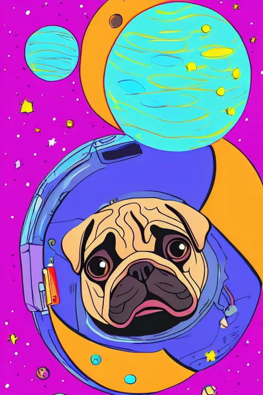 Image similar to planet pug floating in space, art by brian miller, sticker, colorful, illustration, highly detailed, simple, smooth and clean vector curves, no jagged lines, vector art, smooth