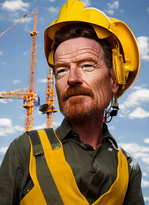 Image similar to closeup portrait of mecha bryan cranston with construction crane, yellow hardhat, natural light, bloom, detailed face, magazine, press, photo, steve mccurry, david lazar, canon, nikon, focus