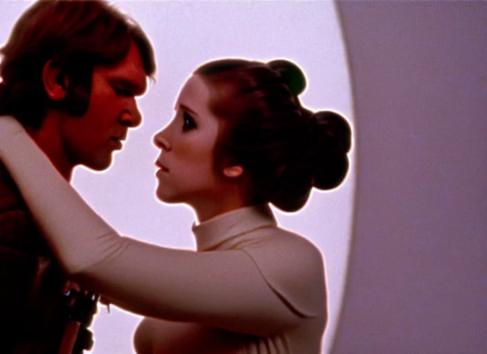 Image similar to screenshot of Han Solo kissing Princess Leia Organa, alone, pensive, iconic scene from 1970s Star Wars film directed by Stanley Kubrick, in a sci fi nursing home architecture, last jedi, 4k HD, cinematic still frame, photoreal, beautiful portraits, moody lighting, stunning cinematography, anamorphic lenses, kodak color film stock