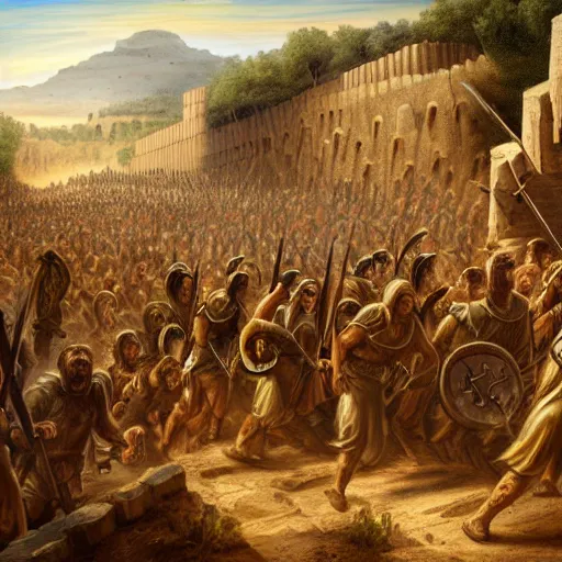 Image similar to the army of ancient Israel marching behind the ark of the covenant around the walls of ancient Jericho, Getting Attacked by a hoard of zombies, 8k high detail