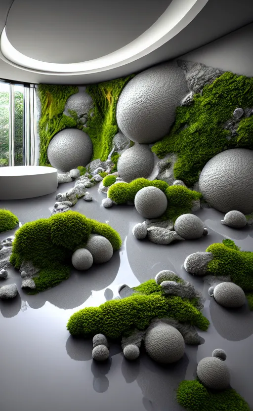 Image similar to highly detailed ultra sharp 3 d render villa interior cinematic composition of a smooth ceramic porcelain biomorphic magnolia stone nebula fluid fractal sci - fi surreal architecture landscape, granite, metallic, magnesium, marble, moss and lichen, vincent callebaut composition, mamou - mani, archviz, beautiful lighting, 8 k, unreal engine, hdr,