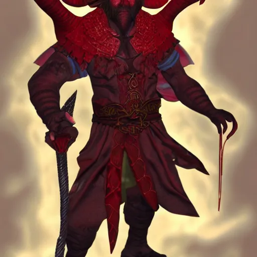 Image similar to dnd render of a male tiefling, red scales, a big black beard, completely golden eyes, 1 curved horn growing out of his forehead, one broken horn growing out of his forehead,