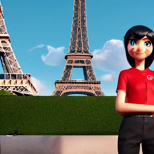 Image similar to Marinette Dupain-Cheng from Miraculous: Tales of Ladybug & Cat Noir action pose in front of the eiffel tower, octane render, close-up, fresh, sunny day