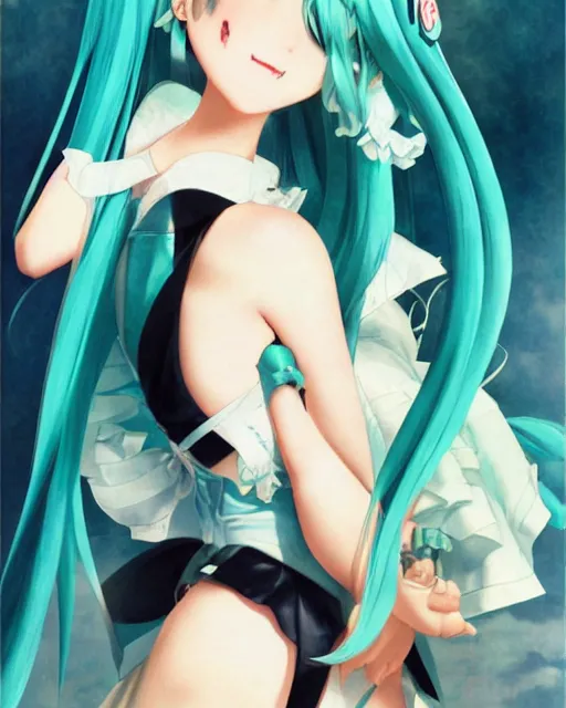 Prompt: hatsune Miku with cute face by Gil Elvgren and Enoch Bolle