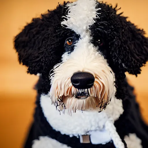 Image similar to a closeup photorealistic photograph of a cute smiling knitted bernedoodle judge dog dressed in a black gown, presiding over the courthouse. indoors, professional capture, well lit shot. this 4 k hd image is trending on artstation, featured on behance, well - rendered, extra crisp, features intricate detail, epic composition and the style of unreal engine.