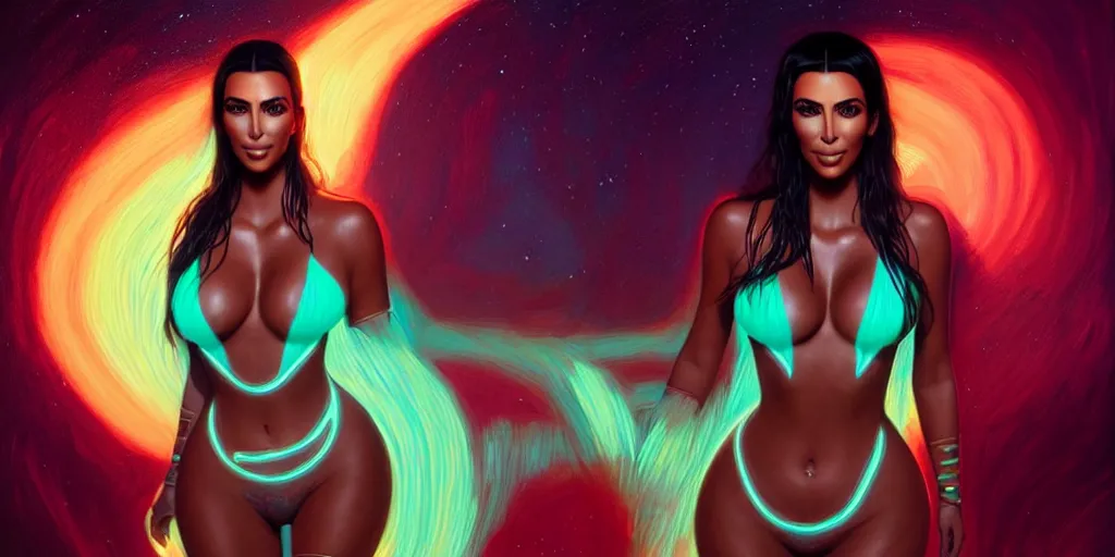 Image similar to kim kardashian as a tribal warrior, neon body paint on body, in outer space, bioluminescence, highly detailed, digital painting, artstation, concept art, matte, sharp focus, illustration, art by artgerm and greg rutkowski and alphonse mucha