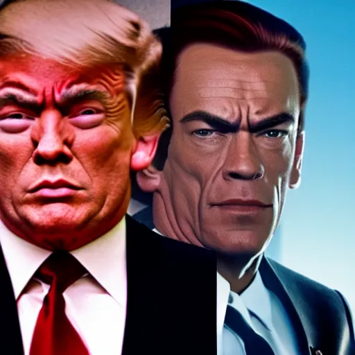 Image similar to Jean CLAUDE Van Damme starring as Donald Trump, full screen shot, cinematic still