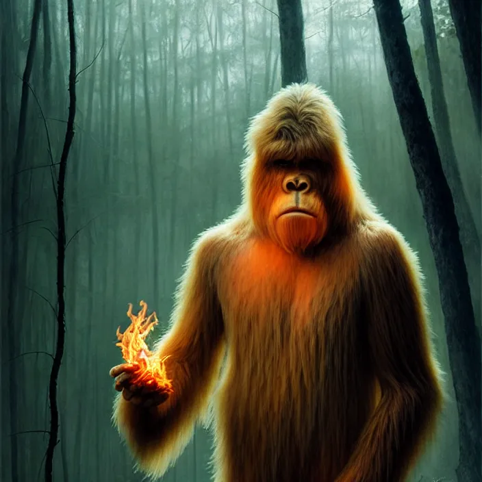 Prompt: translucent Bigfoot with flaming eyes, veiled in mist, diffuse lighting, fantasy, intricate, elegant, highly detailed, lifelike, photorealistic, digital painting, artstation, illustration, concept art, smooth, sharp focus, art by John Collier and Albert Aublet and Krenz Cushart and Artem Demura and Alphonse Mucha