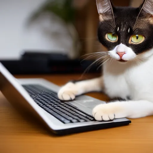 Image similar to cat working at a computer, photo, 8k.