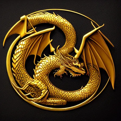 Image similar to emblem of black dragon on a gold metallic dragon emblem, by artgerm, tom bagshaw, gerald brom, moody vibe, victorian vibe, gold, shiny, gold, 4 k, hd,
