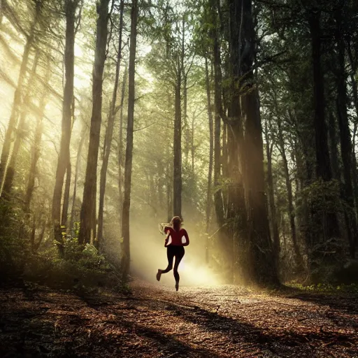 Image similar to a award winning photo of a woman running in a forest, volumetric light effect