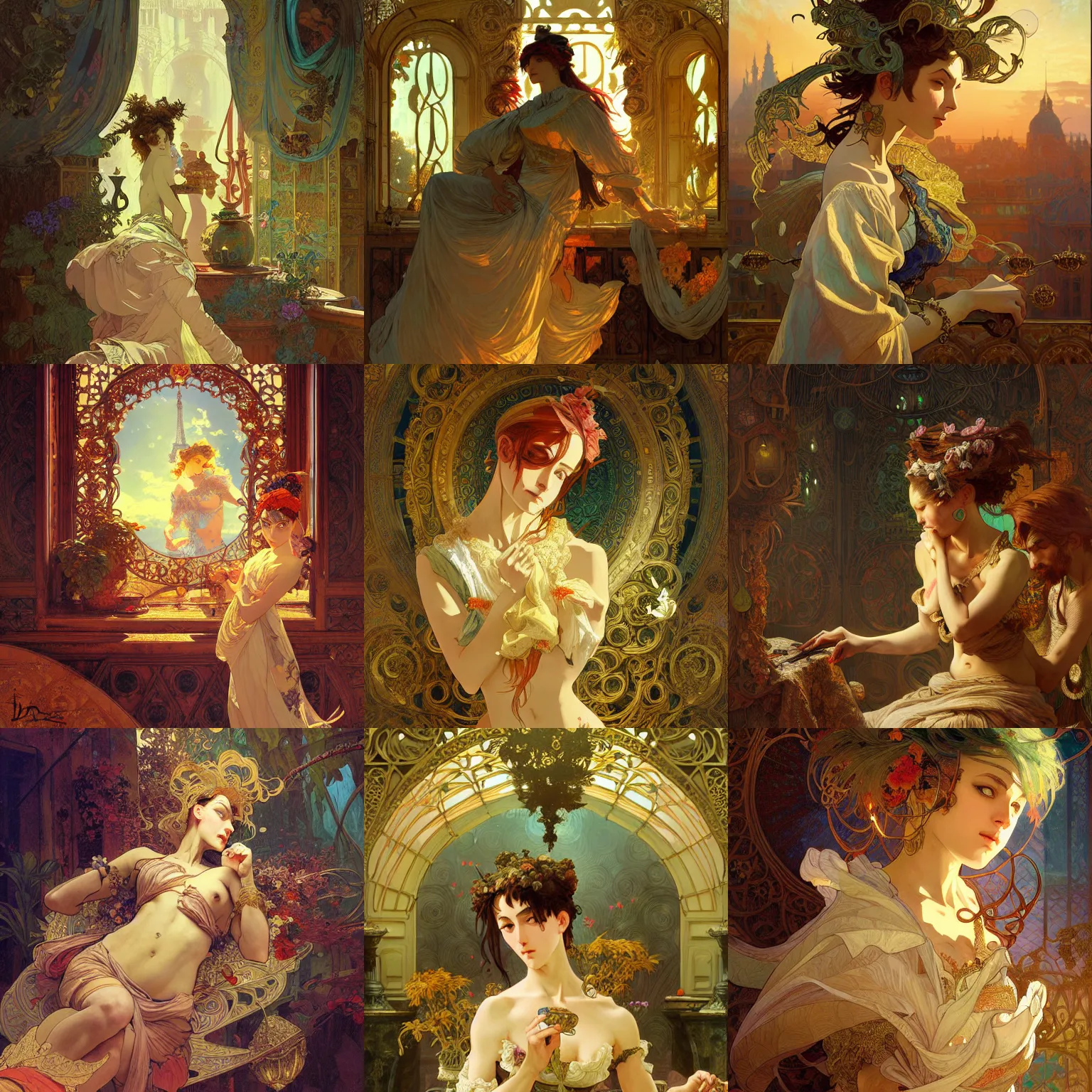 Prompt: A french artist painting Neo Rococo Expressionist orientalism, extreme plus resolution fantasy concept art, intricate details to everything visible, sharp lighting, Dramatic light with emphasis of night by denis villeneuve, strong emphasis on alphonse mucha, Makoto Shinkai