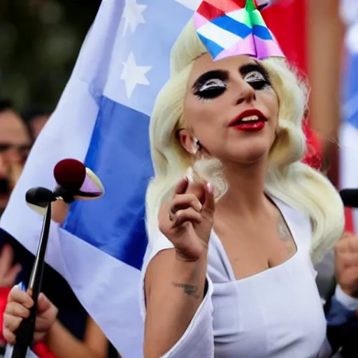 Image similar to Lady Gaga as president, Argentina presidential rally, Argentine flags behind, bokeh, giving a speech, detailed face, Argentina