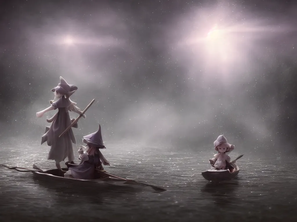 Prompt: cute fumo plush girl witch rowing a small boat through murky river water, river styx, otherworldly chibi gothic horror wraith maiden, lost in the milky void, hazy heavy swirling murky volumetric fog and smoke, moonglow, lens flare, vray