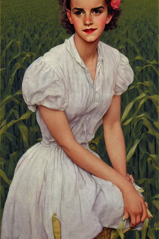 Image similar to photo photorealistic portrait photograph Emma Watson in a corn field 1950s portrait by Norman Rockwell