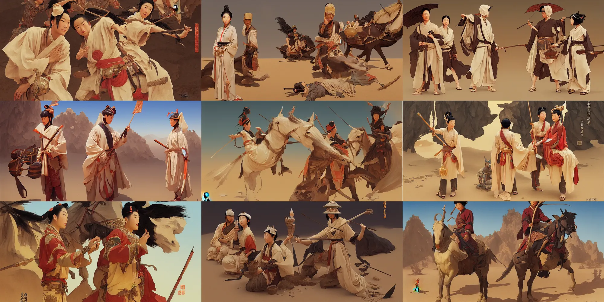 Prompt: tang dynasty, desert, in the style of studio ghibli, j. c. leyendecker, greg rutkowski, artem