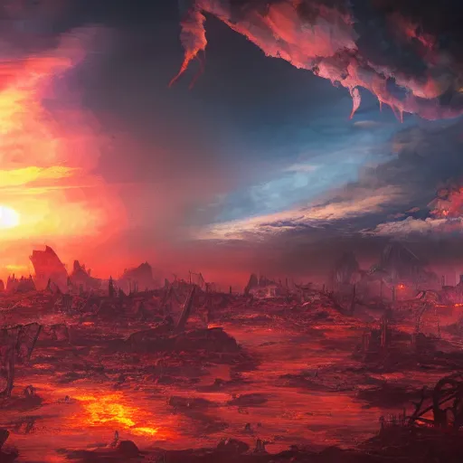 Image similar to apocalyptic futuristic world, sunset, skeletons rising from the ground, colorful sky, distant burning fires, skeleton walking around, destroyed buildings, street view, concept art, fantasy, illustration, 8 k, high detail, artstation award