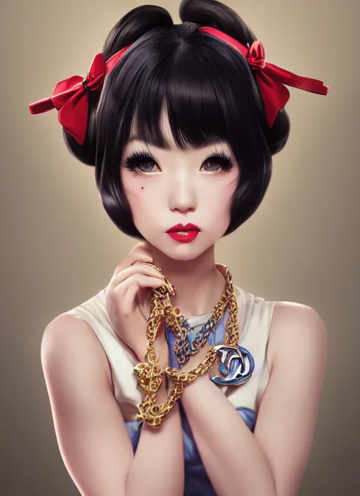 Image similar to a pin up and beautiful fashion dreamlke japan girl with lv jewelry, character art, art by artgerm, wlop, loish, hyperdetailed, 8 k realistic, symmetrical, global illumination, radiant light, frostbite 3 engine, cryengine, dof, trending on artstation, digital art, chanel, dior, detailed background