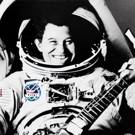 Prompt: astronaut chilling holding a beer with a guitar beside him. detailed photo.