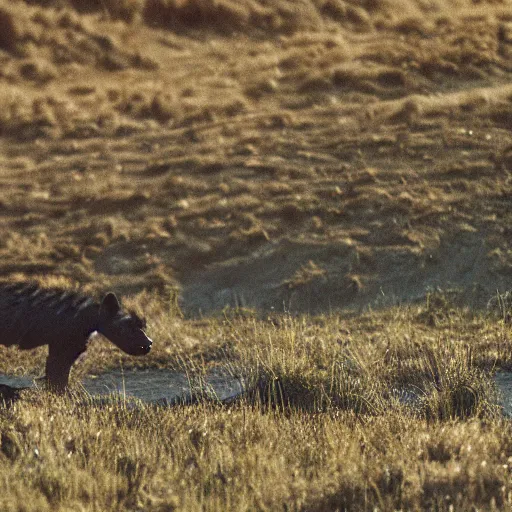 Image similar to national geographic photograph, a hyena walking through a pyrenean landscape where there is a lake