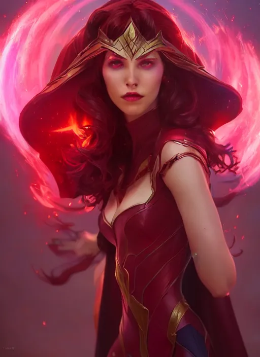 Image similar to scarlet witch in league of legends, au naturel, hyper detailed, digital art, trending in artstation, cinematic lighting, studio quality, smooth render, unreal engine 5 rendered, octane rendered, art style by klimt and nixeu and ian sprigger and wlop and krenz cushart.