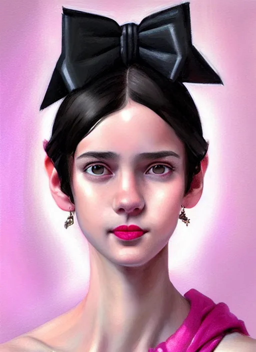 Image similar to portrait of teenage girl, realistic, black hair, bangs, half updo hairstyle, pointy nose, skinny, smile, ugly, defined jawline, big chin, pink hair bow, earrings, intricate, elegant, glowing lights, highly detailed, digital painting, artstation, sharp focus, illustration, art by wlop, mars ravelo and greg rutkowski