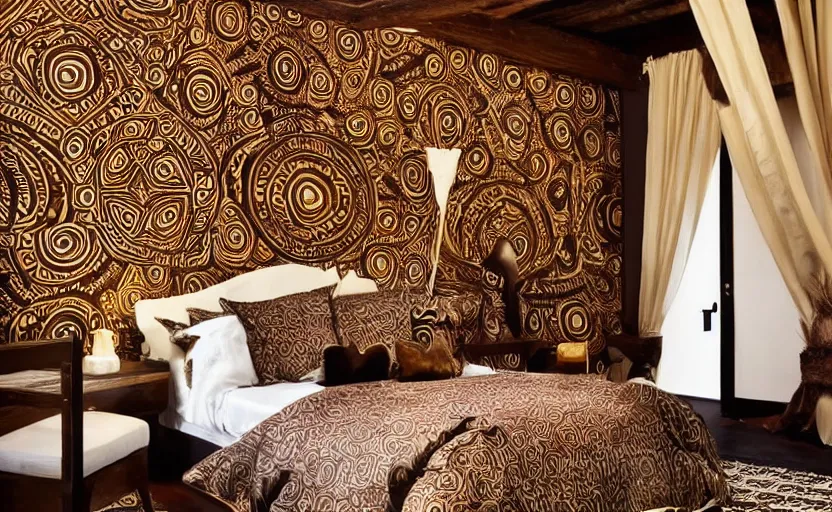 Prompt: an african themed luxurious bedroom, dark brown walls, wooden tribal masks on the wall, king size bed, beige, dark colors, artificial waterfall on the wall, chique, luxurious, elegant, walnut wood, cinnamon, tribal art, patterns, modernist, oriental