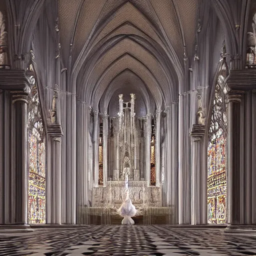 Image similar to a hyperrealistic 3 d render of a delicate ivory sculpture of an ornate detailed cathedral populated by mandelbrot fractals, micro detail, unreal engine, backlit lighting, octane renderer, catholicpunk, glowing, photorealistic, physically based rendering, angelic, carved soap, trending on cgsociety