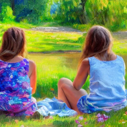 Prompt: Two sisters aged 8 to 9 sitting on the bank, relaxing on a sunny day , oil painting, bright colors, clear day, 8k resolution, maximum detail