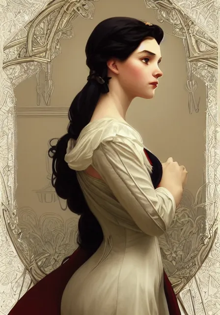 Image similar to snow white and hunter, intricate, elegant, highly detailed, digital painting, artstation, concept art, smooth, sharp focus, illustration, art by artgerm and greg rutkowski and alphonse mucha and william - adolphe bouguereau