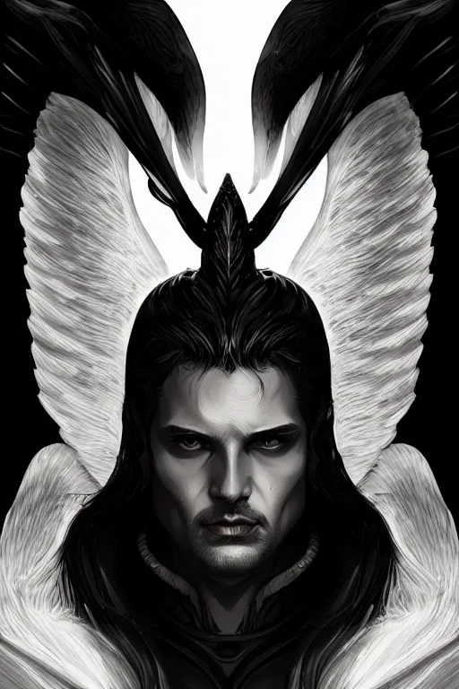 Image similar to a portrait of the archangel lucifer, grim - lighting, high - contrast, intricate, elegant, highly detailed, digital painting, artstation, concept art, smooth, sharp focus, illustration