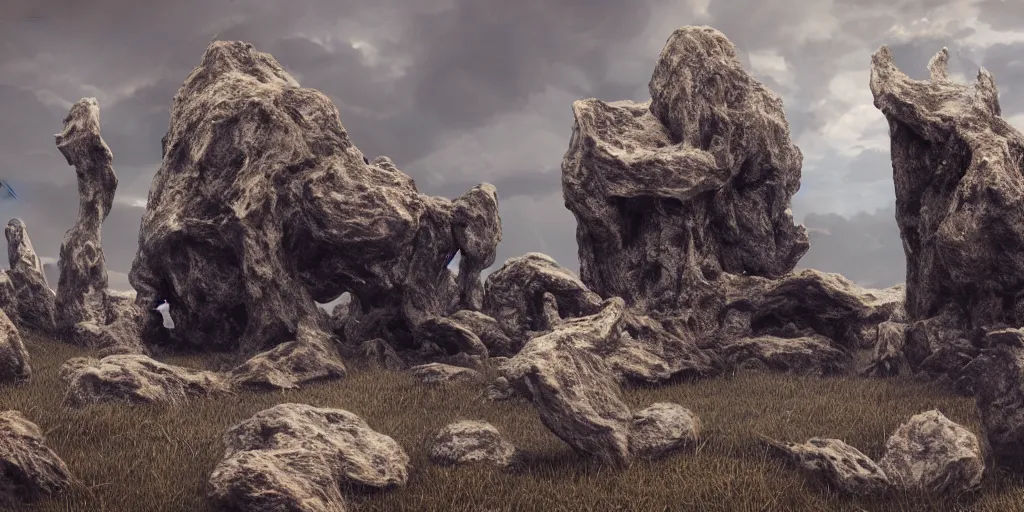 Prompt: photorealistic strange sculpture made of bird skulls. epic landscape, with ominous storm clouds, strange levitating stones, stones falling from the sky, a gentle rising mist. occult photorealism, uhd, amazing depth, glowing, golden ratio, 3 d octane cycle unreal engine 5, volumetric lighting, cinematic lighting, cgstation artstation concept art