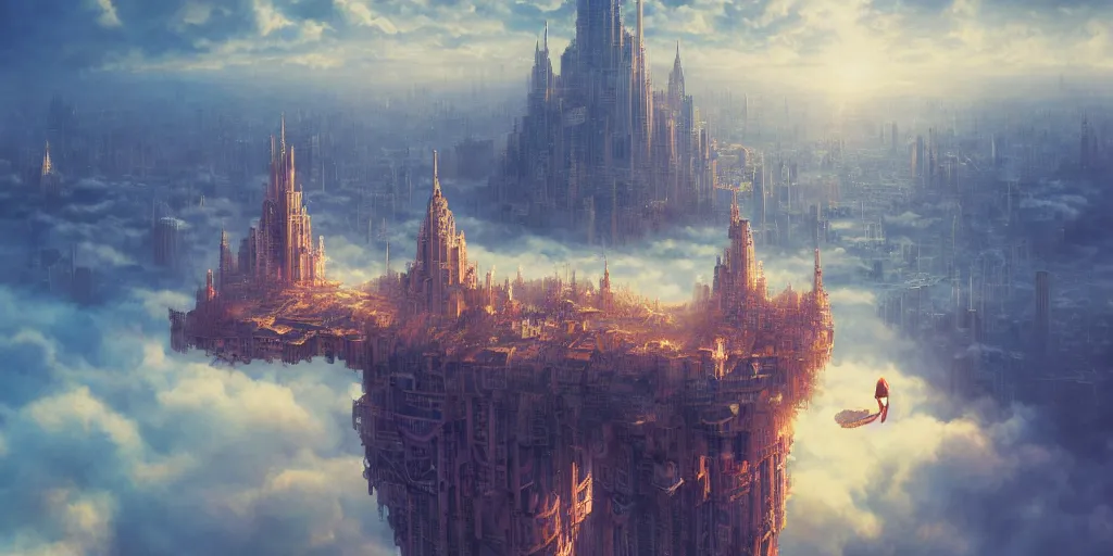 Image similar to floating city on clouds, huge city, dark fantasy, highly detailed, high quality, 8 k, 4 k, octane render, digital painting, alena aenami, lilia alvarado, shinji aramaki, karol bak, alphonse mucha, tom bagshaw