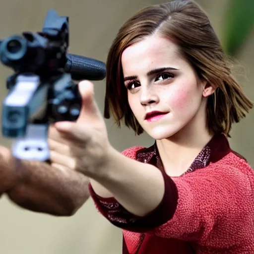 Image similar to emma watson pointing shotgun at camera,