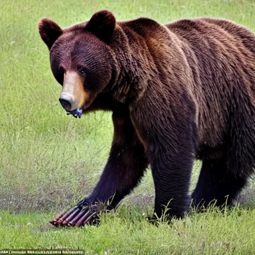 Image similar to a bloodthirsty bear, raised up on one side, with three ribs in its mouth between its teeth, 8k